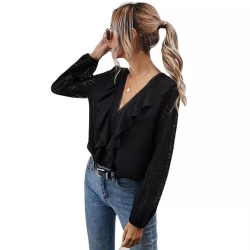 Ruffled blouse for women with transparent sleeves and delicate lace accents Amarae