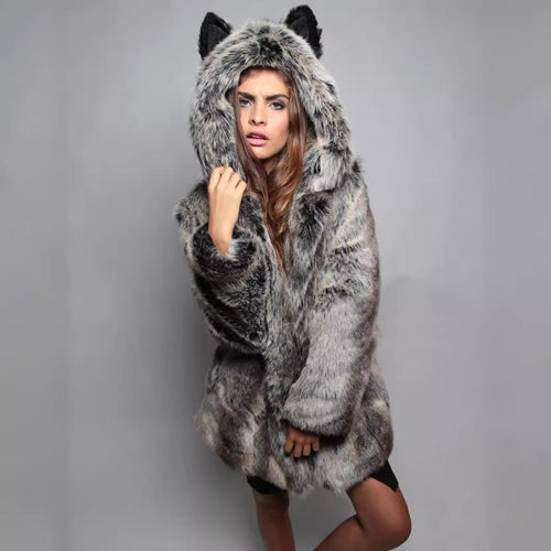 Ladies Cozy Faux Fur Coat with Hood and Ears Amarae