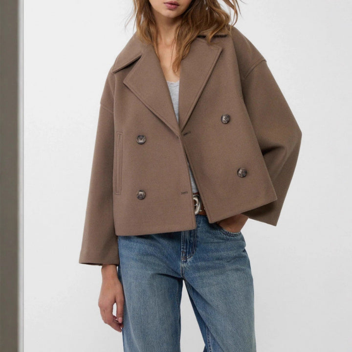 Women's Short Double-Breasted Wool Blend Peacoat with Oversized Lapels Amarae