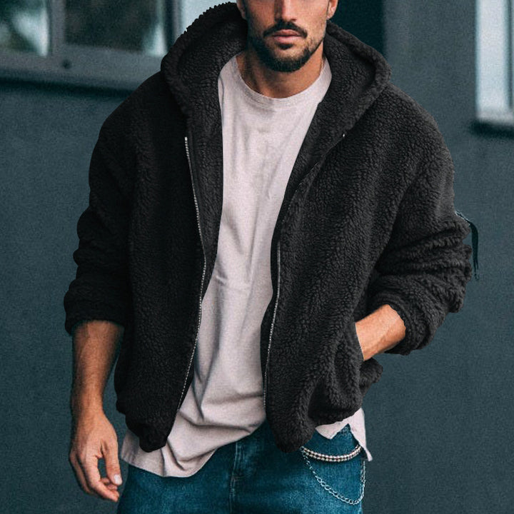 Comfortable fleece jacket for men with large hood and zipper Lune London