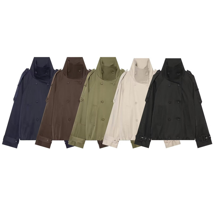 Women's Short Cape Trench with High Funnel Collar and Adjustable Sleeve Straps Amarae