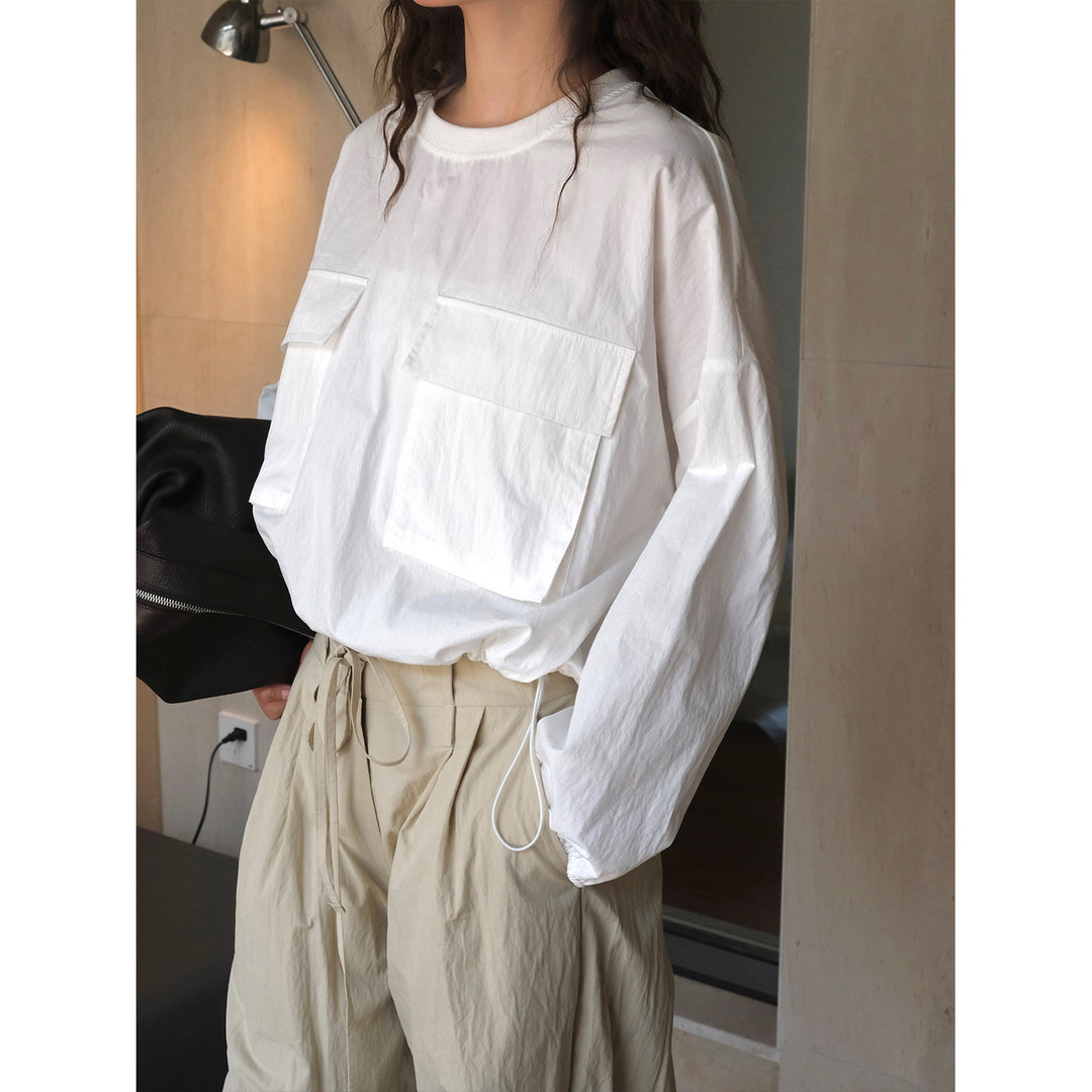 Women's Lightweight Oversized Blouse Shirt with Chest Pockets and Drawstring Hood