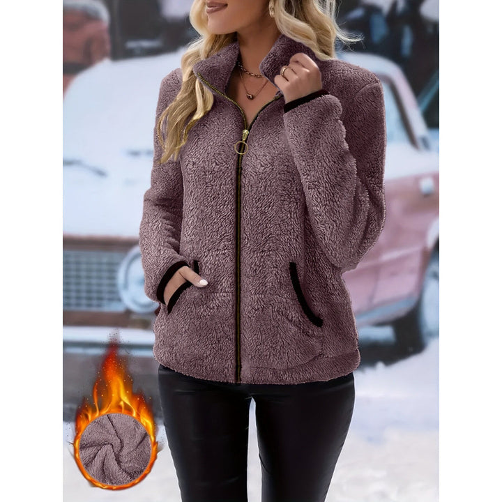 Women's thermal sherpa fleece jacket with stand-up collar, contrast edges and ring zipper Amarae