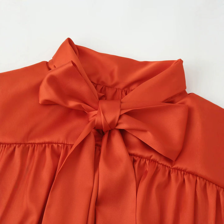 Women's Flowing Satin Blouse with Gathered Back and Balloon Sleeves Amarae