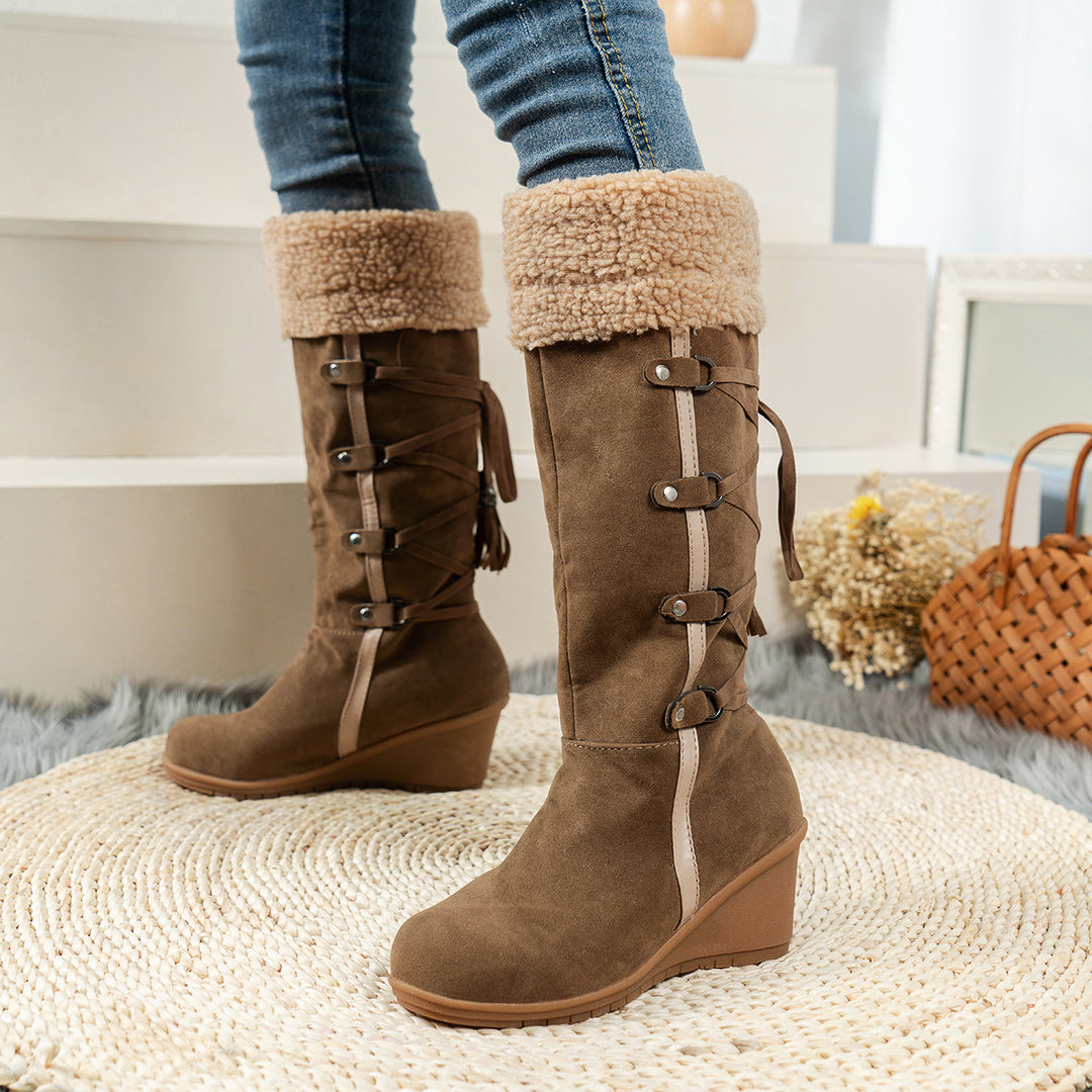 Wedge heel boots for women with cozy inner lining and stylish lace-up design Lune London