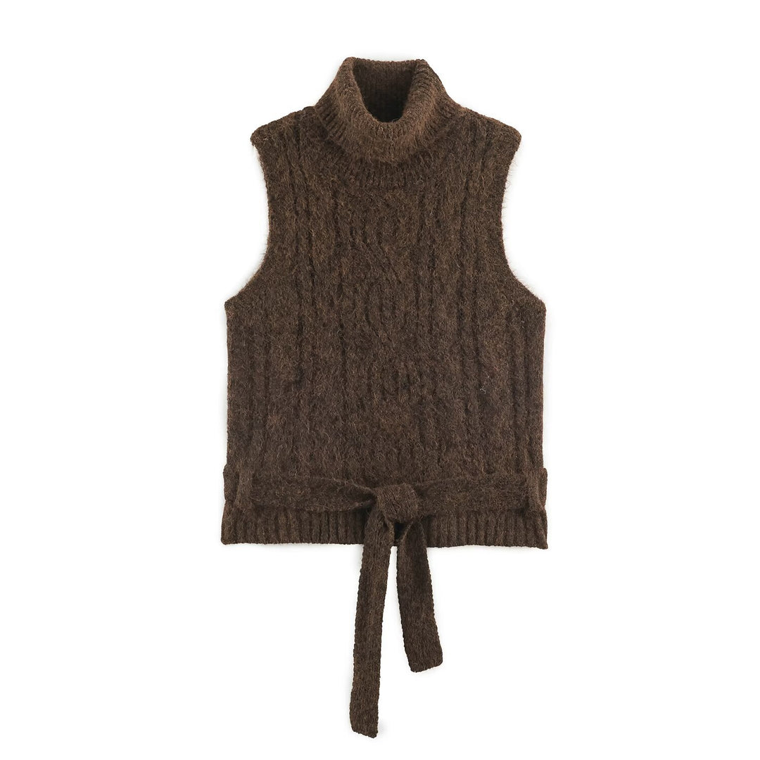 Women's Sleeveless Cable Knit Vest with Roll Neck and Ties Amarae