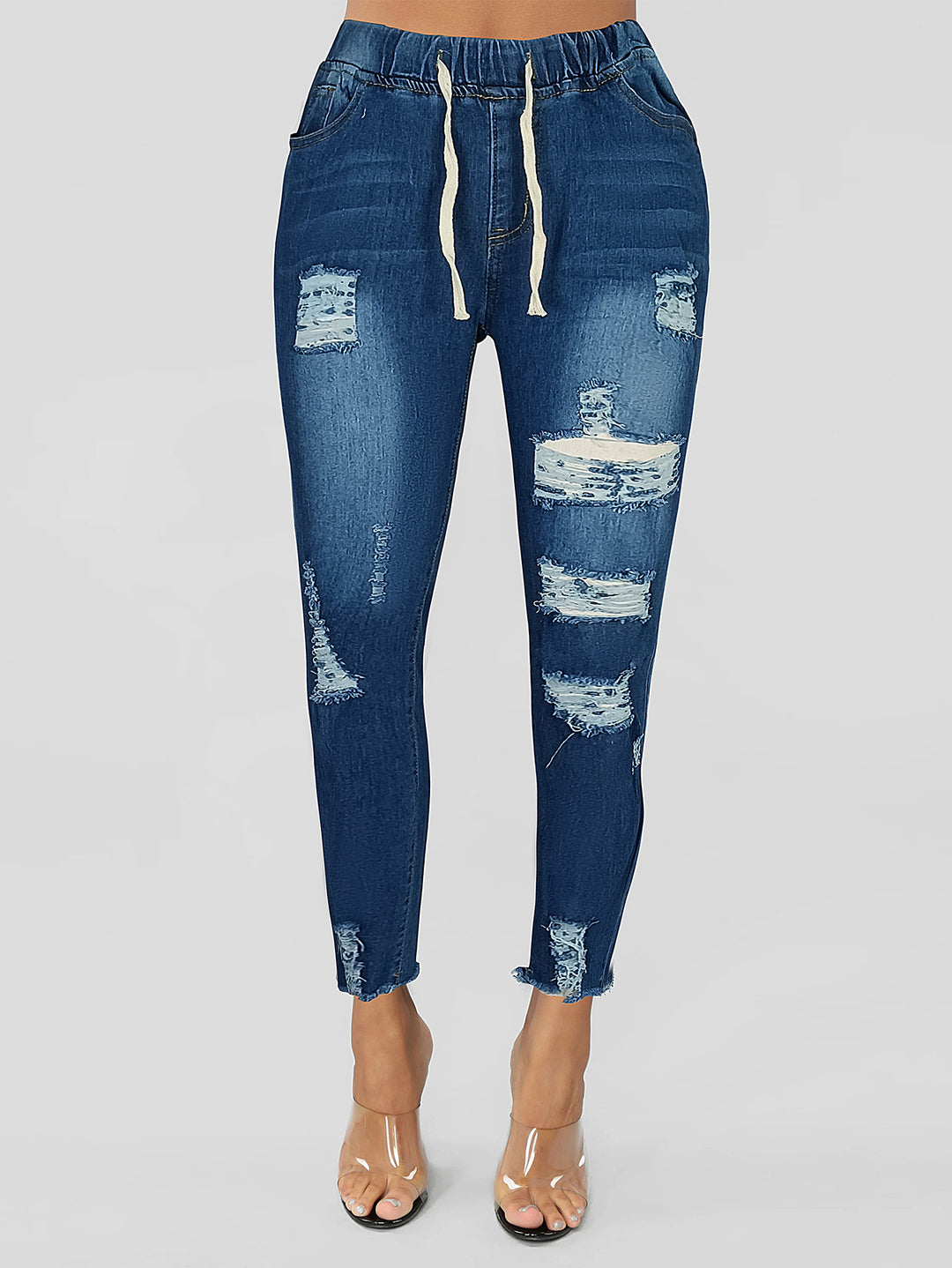 Ladies Skinny Jeggings with high elastic drawstring waistband and destroyed details Amarae
