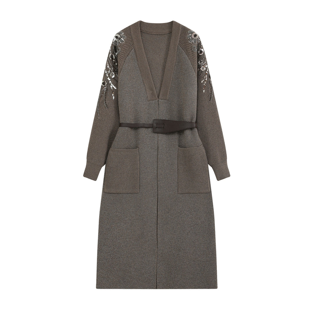 Women's knit midi dress with deep V-neck, waist belt, and sequin-adorned sleeves Amarae