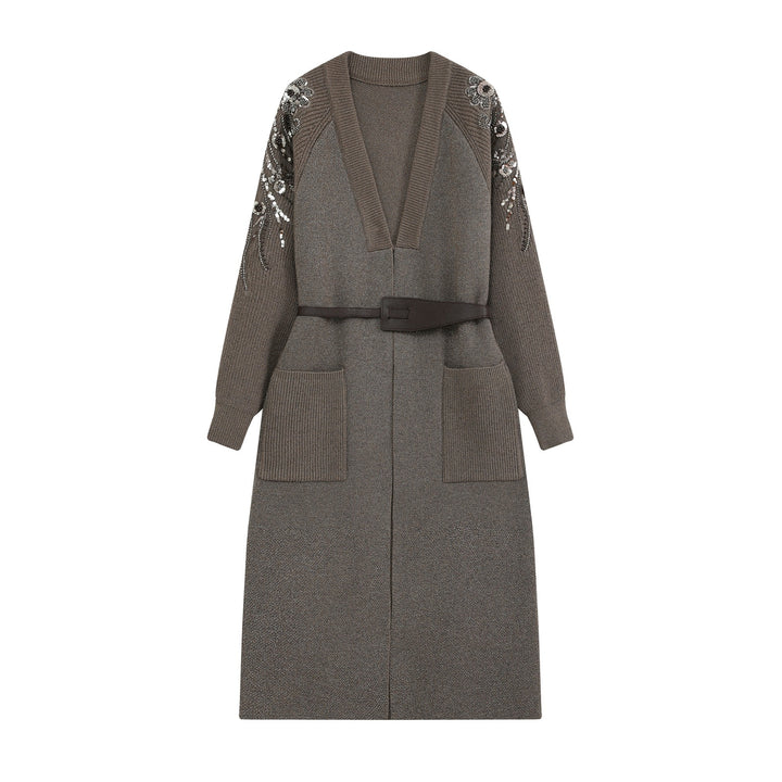 Women's knit midi dress with deep V-neck, waist belt, and sequin-adorned sleeves Amarae