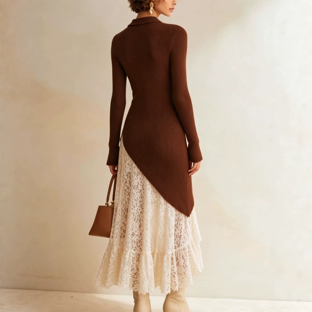 Women Midi dress made of fitted fine knit with asymmetric lace ruffle Amarae