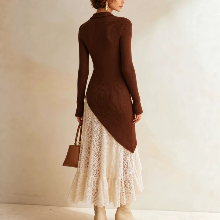 Women Midi dress made of fitted fine knit with asymmetric lace ruffle Amarae