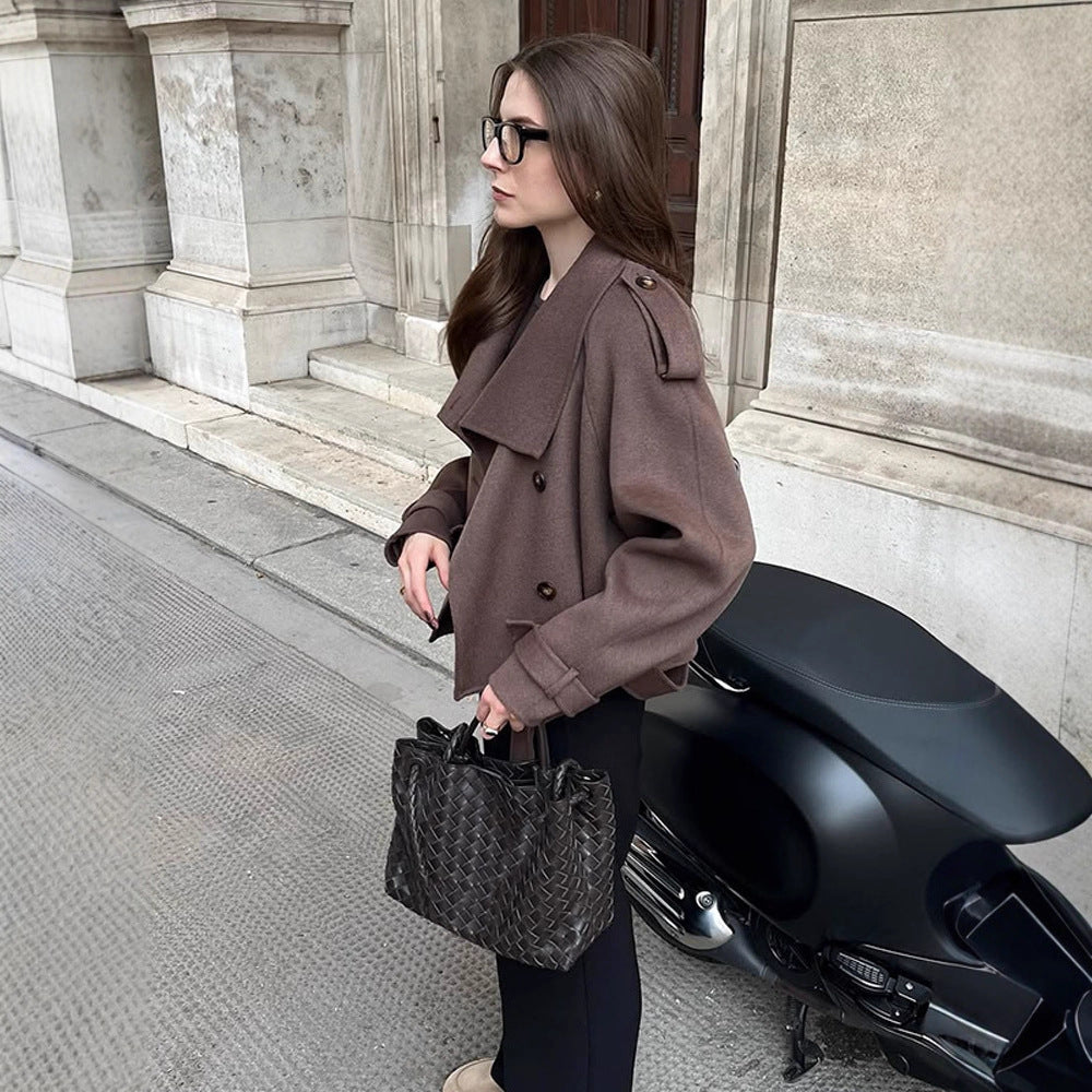 Women's Short Double-Breasted Wool Blend Peacoat with Dropped Shoulders and Epaulettes Amarae