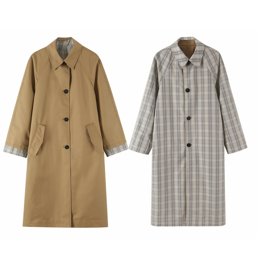 Women's Reversible Trench Coat with Raglan Sleeves, Checked Lining and Hidden Button Placket Amarae