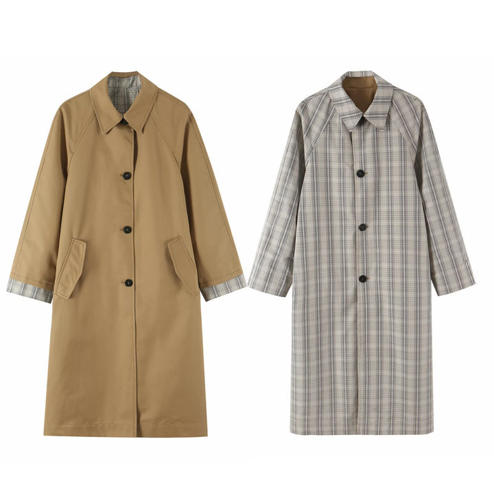 Women's Reversible Trench Coat with Raglan Sleeves, Checked Lining and Hidden Button Placket Amarae