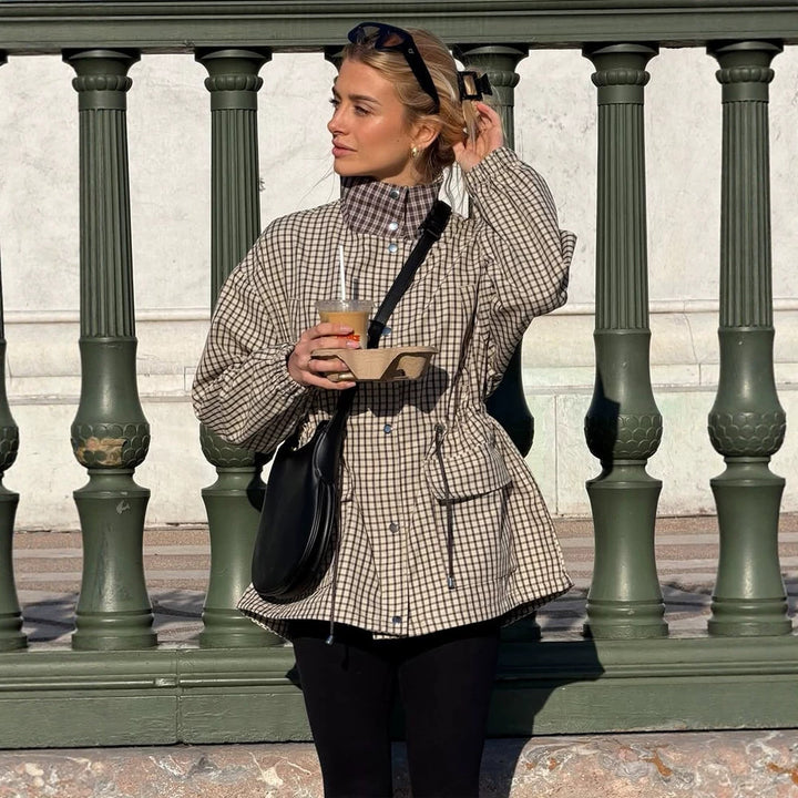 Women Checkered Waist Parka with Stand-up Collar, Drawstring, and Flap Pockets Amarae
