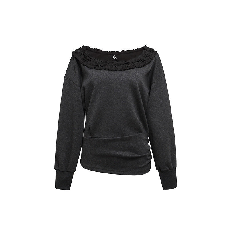 Women's sweatshirt with off-the-shoulder neckline, lace ruffle, and side gathers Amarae