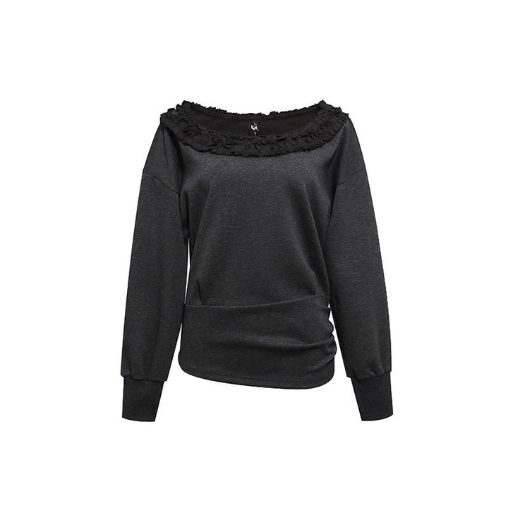 Women's sweatshirt with off-the-shoulder neckline, lace ruffle, and side gathers Amarae