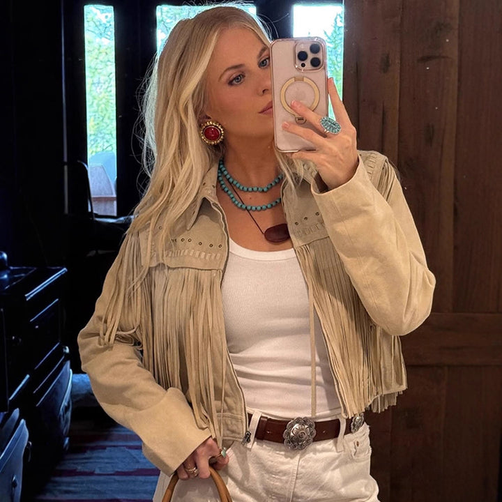 Women's Cropped Suede-Style Fringe Jacket with Stud Application Amarae