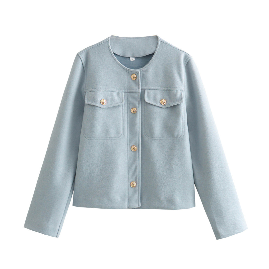 Trendy women's blazer jacket with gold buttons and patch pockets Lune London