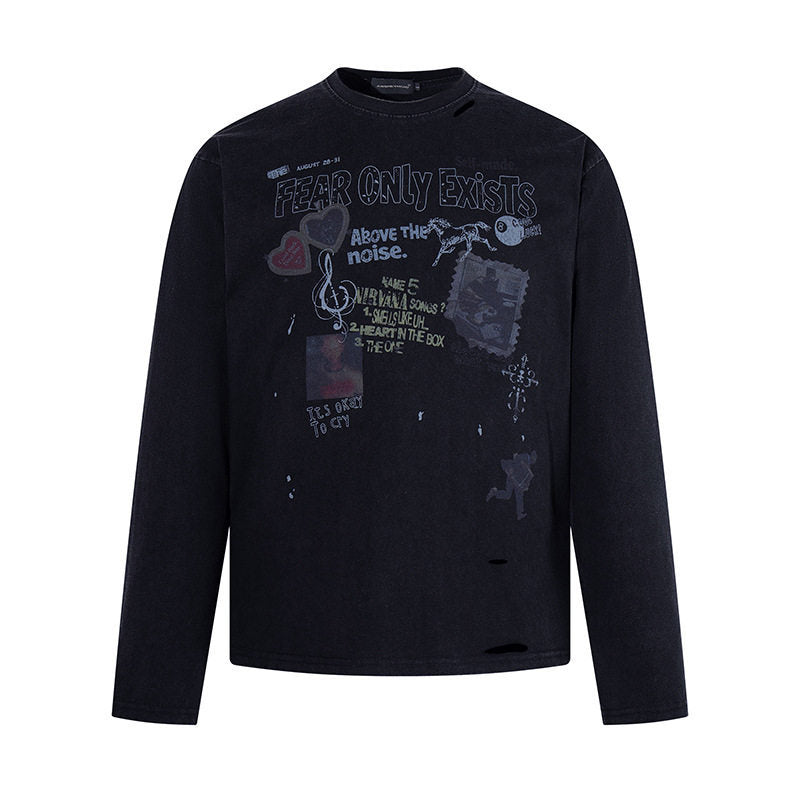 Men's long sleeve shirt with print collage, distressed details and relaxed fit Amarae