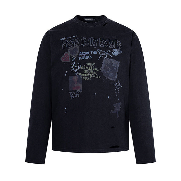 Men's long sleeve shirt with print collage, distressed details and relaxed fit Amarae