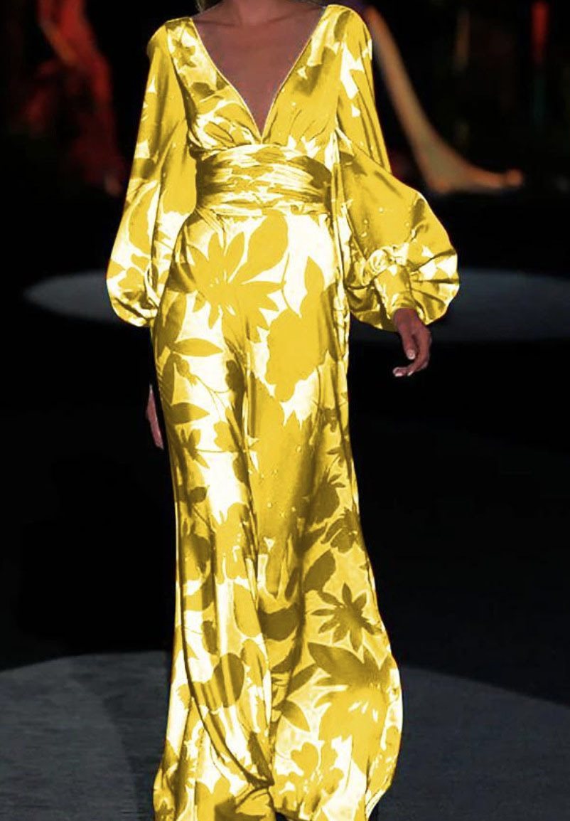 Maxi dress for women with deep V-neck and voluminous sleeves Lune London