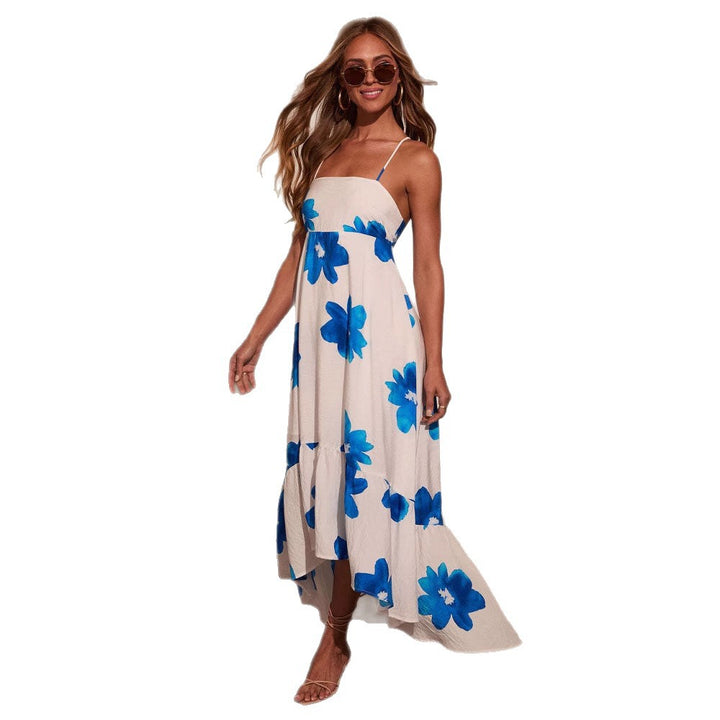 Ladies maxi dress with decorative floral patterns and elegant ruffle trim Lune London