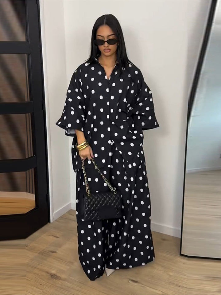 Women's Two-Piece Oversized Blouse and Palazzo Pants Set with Polka Dot Pattern Amarae