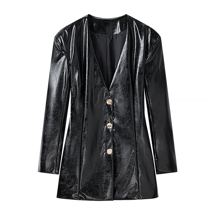 Women Short Faux Patent Leather Skirt with Straight Silhouette and Center Seam Amarae