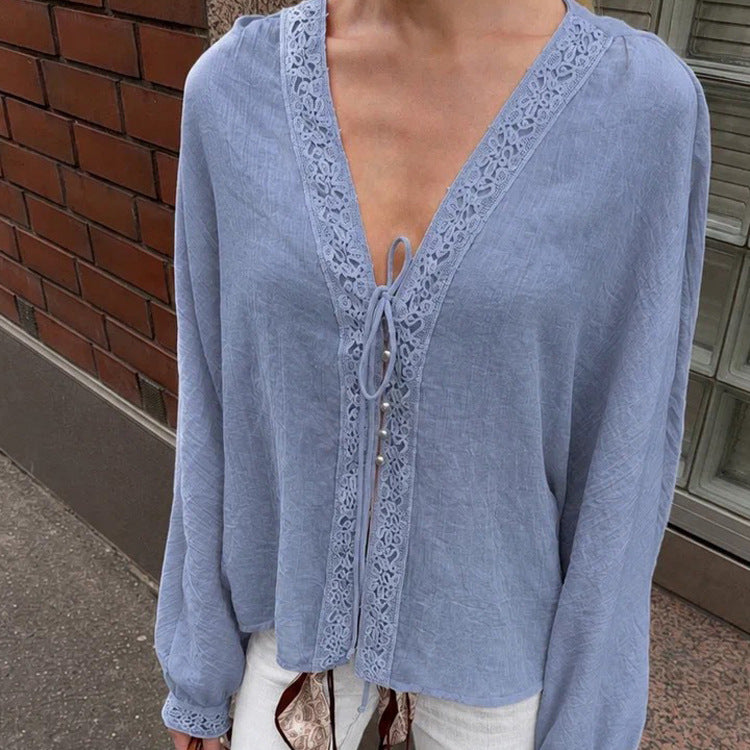 Women's Light V-Neck Lace Blouse with Tie, Pearl Detail & Volume Sleeves Amarae