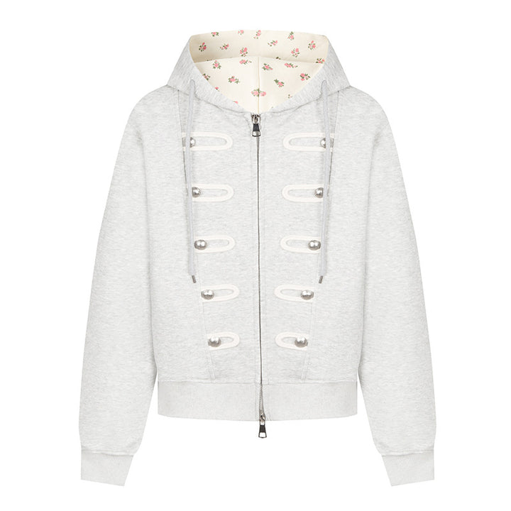 Women's hooded sweat jacket with decorative loops and metal button details Amarae