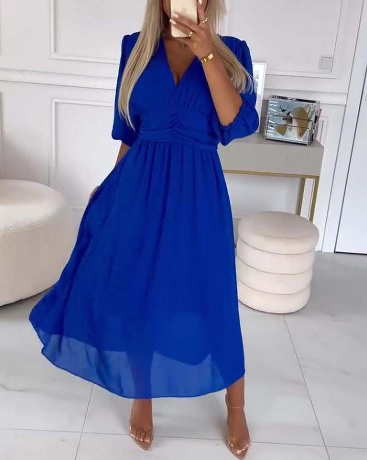 Woman Chic and Stylish V Neck Fluid Maxi Dress
