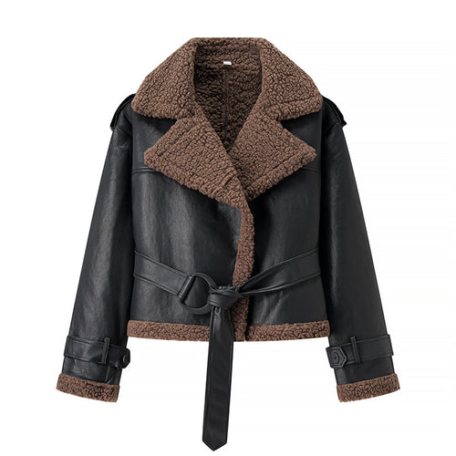 Fashion faux leather jacket for women with cozy lining and tie belt Amarae