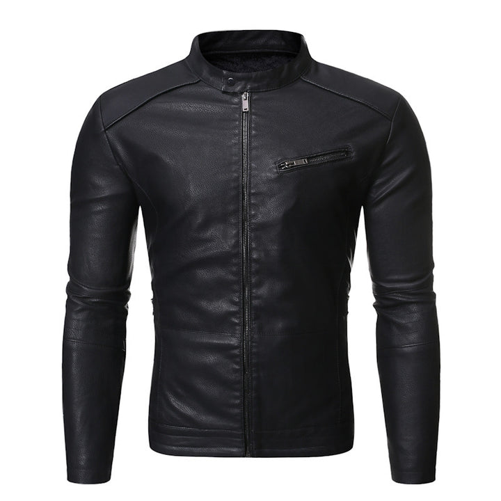 Stylish leather jacket for men with a high collar and practical zippered pockets Lune London