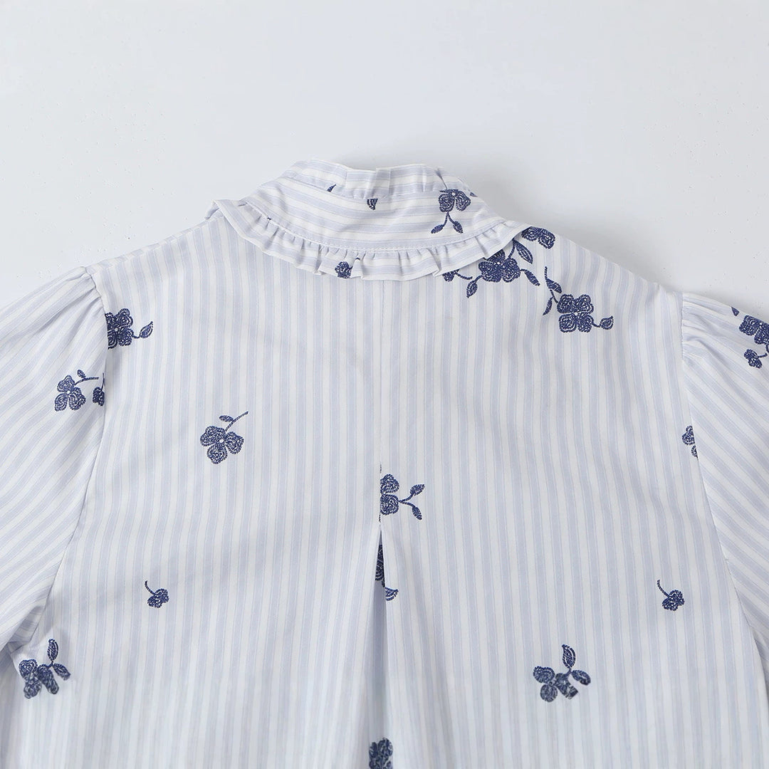 Women's sweater blouse with bow collar, ruffle yoke and floral embroidery Amarae