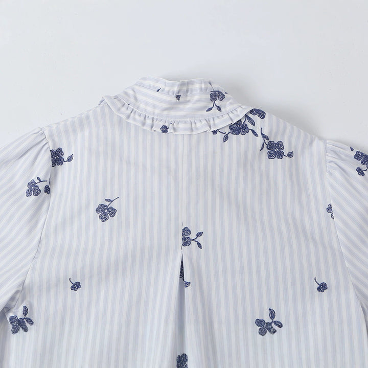 Women's sweater blouse with bow collar, ruffle yoke and floral embroidery Amarae