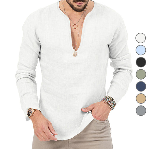 Men's casual linen shirt with deep V-neck and comfortable fit Amarae