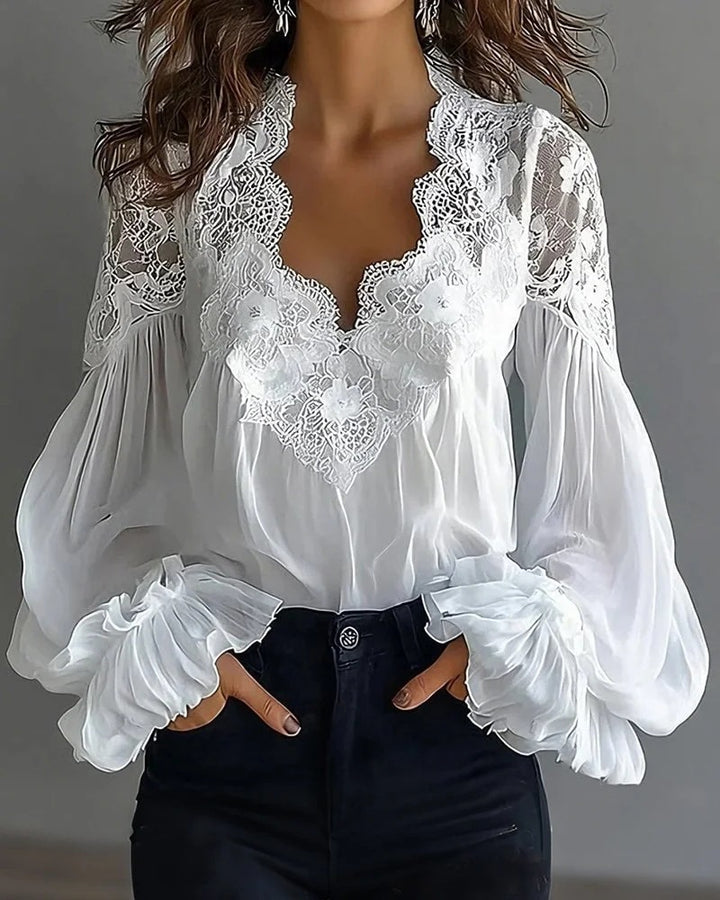 Women's Flowing Blouse with Lace Applications and Long Ruffle Sleeves Lune London