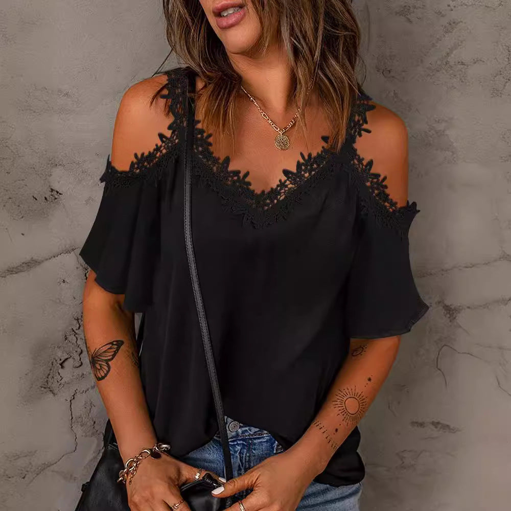 Chic and stylish blouse with lace cold shoulders for women