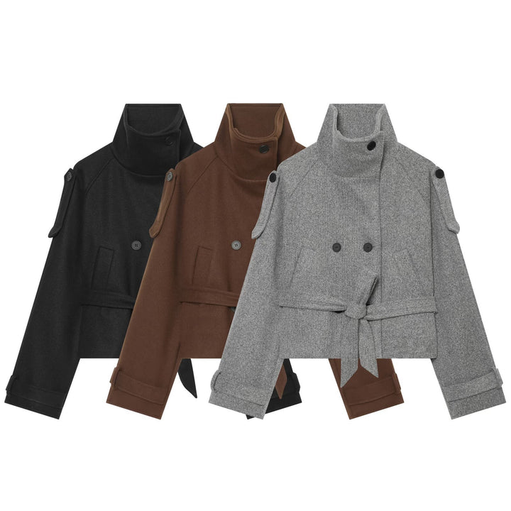 Women Short Wool Blend Cape Jacket with Waist Belt and Funnel Collar Amarae