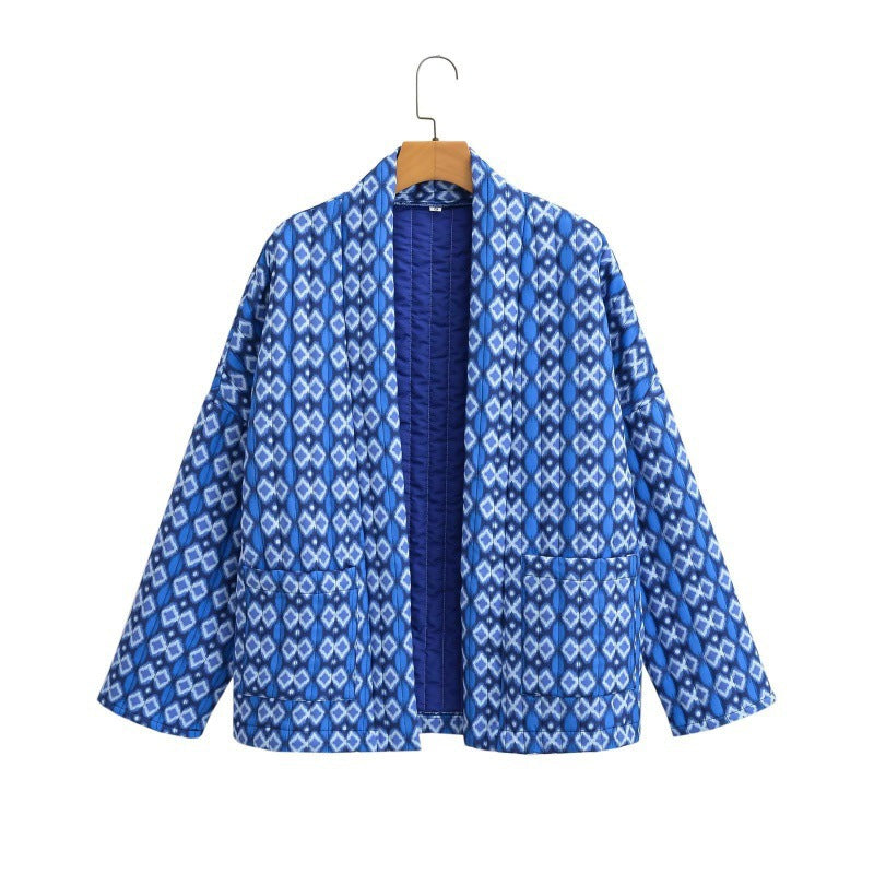 Women Quilted Kimono Overlay Jacket with Open Cut and Patch Pockets Amarae