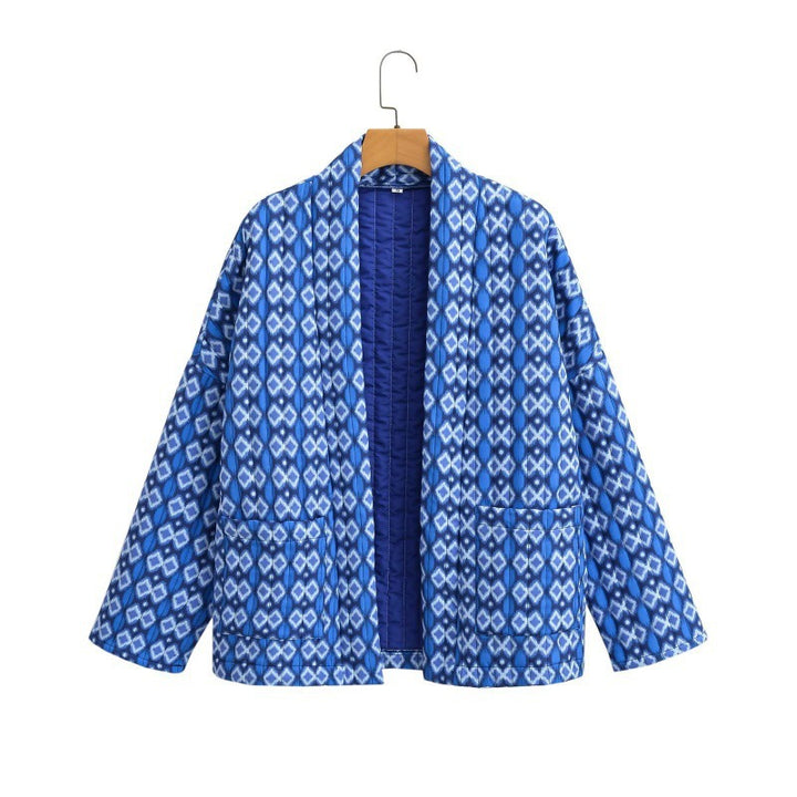 Women Quilted Kimono Overlay Jacket with Open Cut and Patch Pockets Amarae