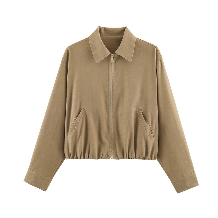 Women's Short Cut Bomber Jacket with Zipper, Shirt Collar and Elastic Hem Amarae