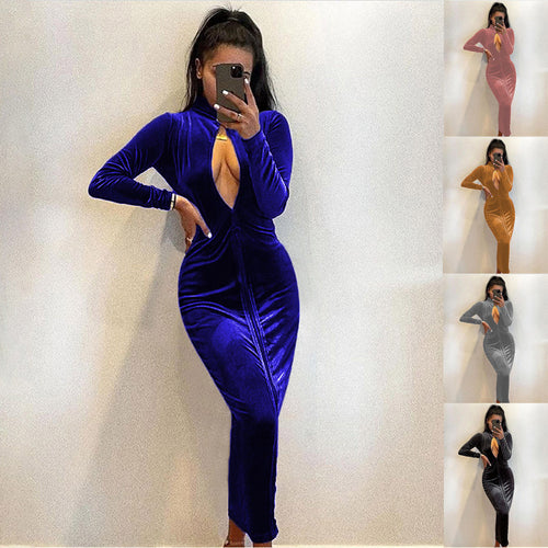 Elegant maxi dress for women in velvet with deep V-neckline and long sleeves Amarae
