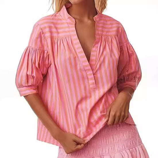 Puff sleeve blouse for ladies with V-neck and striped pattern Lune London