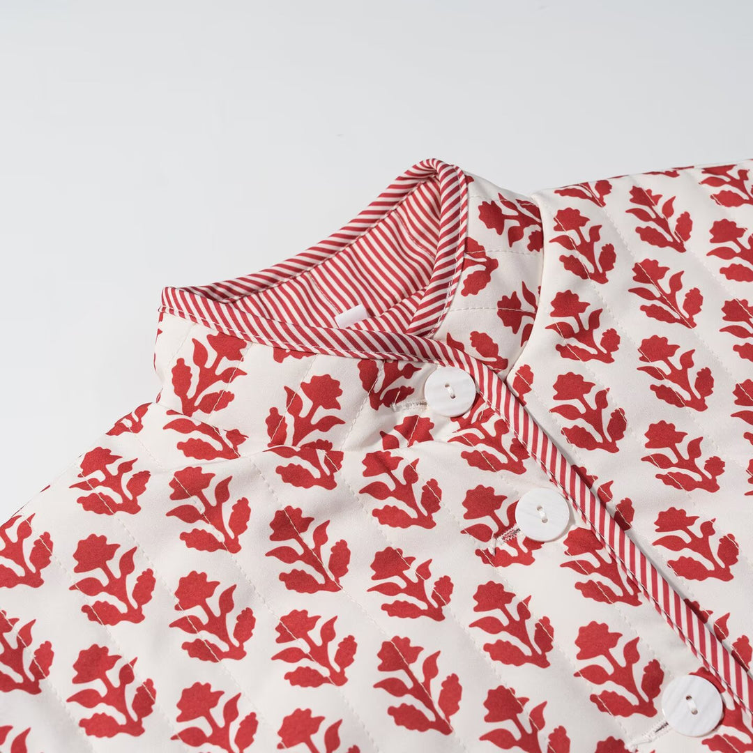 Quilted bomber jacket for women with floral design and modern high collar Lune London