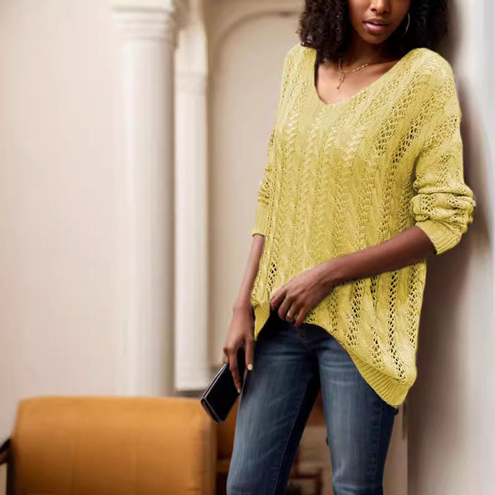 Knitted sweater for women with an airy crochet look and a loose fit Lune Londonl