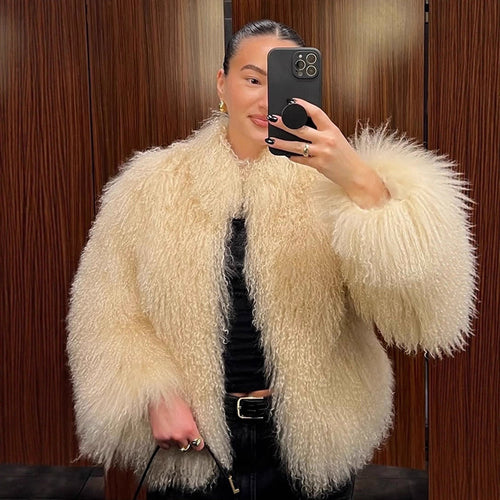 Women's Boxy Faux Fur Bomber Jacket with Curly Lambskin Look and Extra Volume Amarae