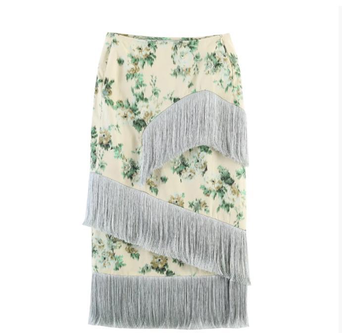 Ladies Floral Printed Midi Skirt with Diagonal Fringe Trim and Slim Silhouette Amarae