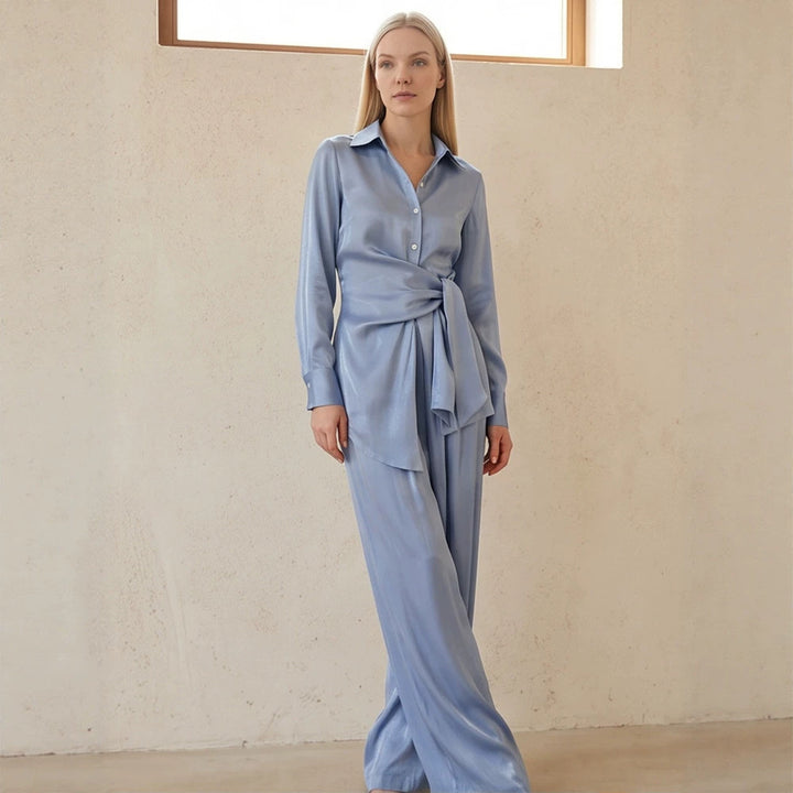 Ladies Two-Piece Silky Shirt and Palazzo Set with Wrap Waist Amarae
